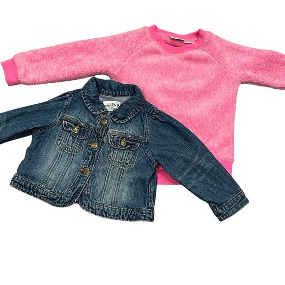 Lot of 2 Girls Clothing 12-18 Months Denim Jacket Fleece Sweater Fall Pink - Picture 1 of 6
